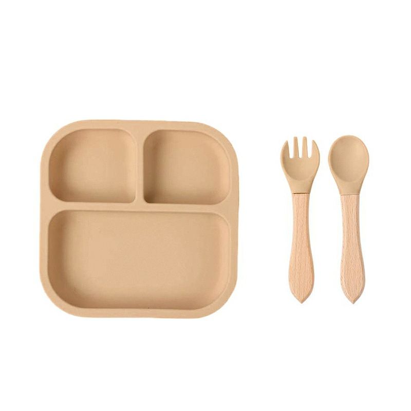 【名入れ無料】 シリコン ランチプレート ワンプレート 正方形  木質持ち手スプーン＆フォークセット ベビー 吸盤 仕切り付き 赤ちゃん キッズ こども ひっくり返らない 食器 皿 ギフト 誕生日 プレゼント 